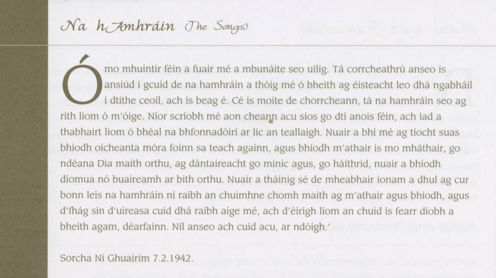 Cuid de leathanach 16 den leabhrán a eisíodh maraon leis an dlúthcheirnín. Téacs air. Sorcha ag déanamh cur síos ar an tslí ar fuair sí a cuid amhrán.